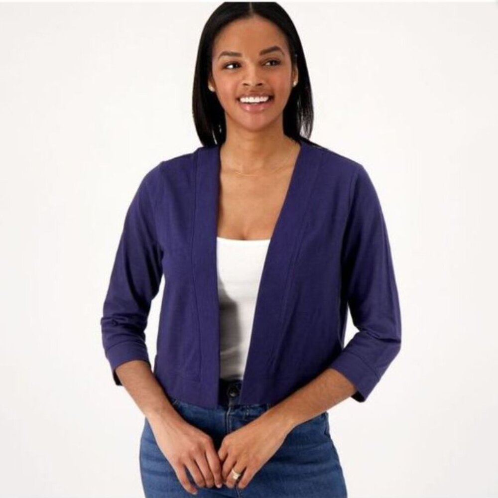 Denim & Co. Essentials Textured Knit Open Front 3/4 Sleeve Cardigan-Navy-3X